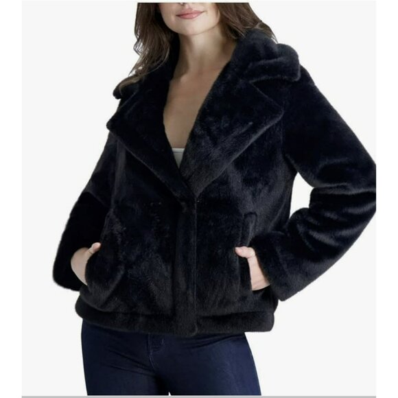 French Connection Black Faux Fur Notched Collar Coat Jacket NEW Large - Picture 1 of 7